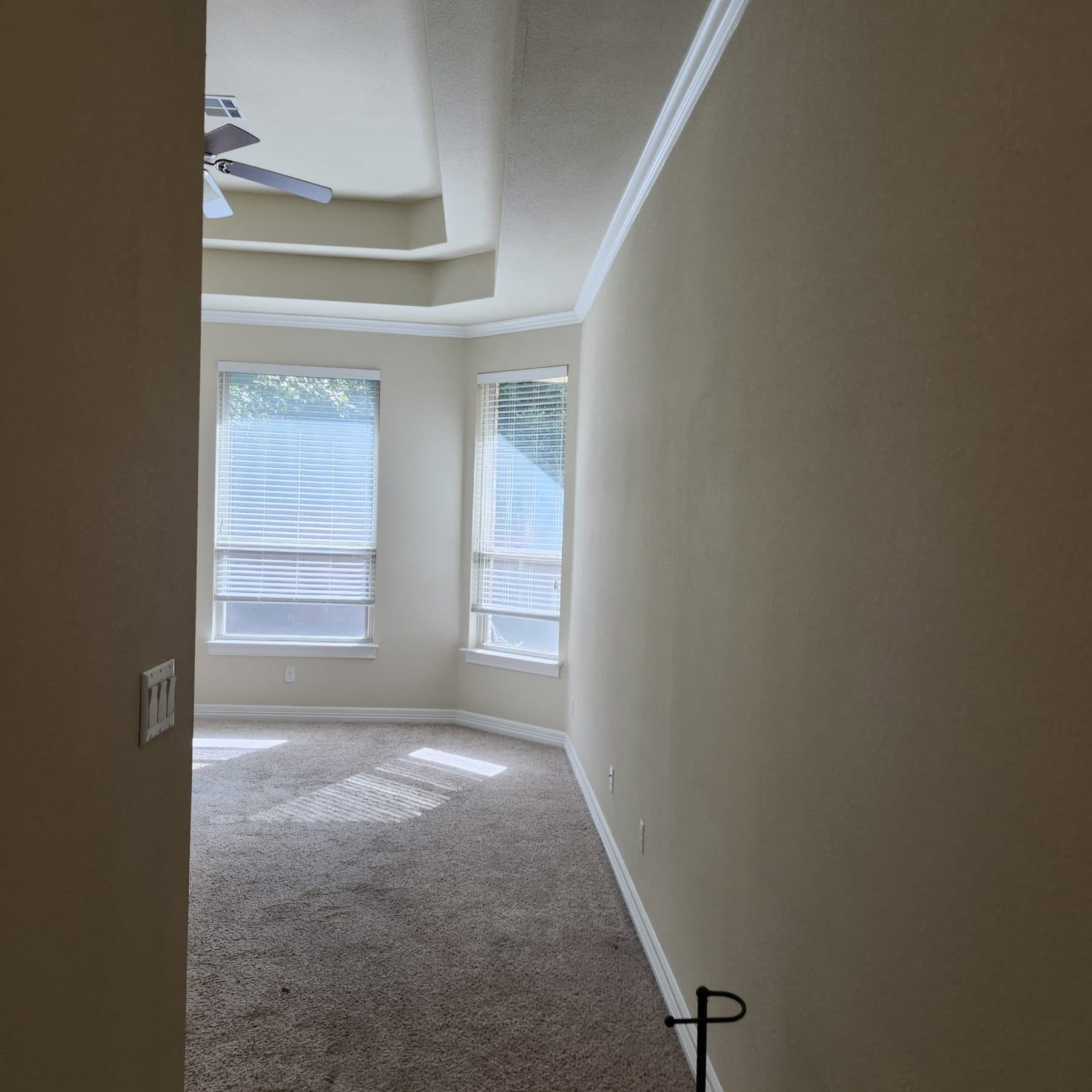 Finished bedroom with tray ceiling, bay window and fresh paint