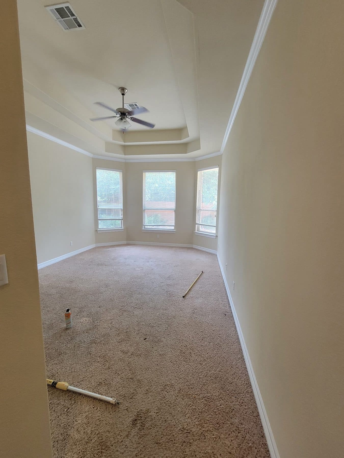 Bedroom with tray ceiling and bay window prepared for painting